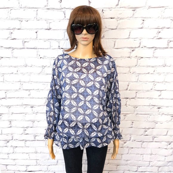 NWOT eShakti blue and white print sheer top - Picture 3 of 15